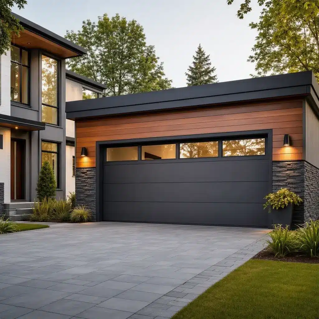 Modern house exterior with wood and stone accents, large garage door, surrounded by trees
