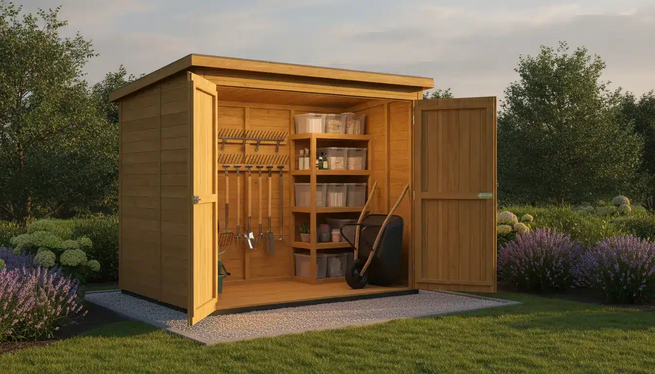 Wooden garden shed with open doors displaying tools, shelves, and a wheelbarrow in a landscaped yard