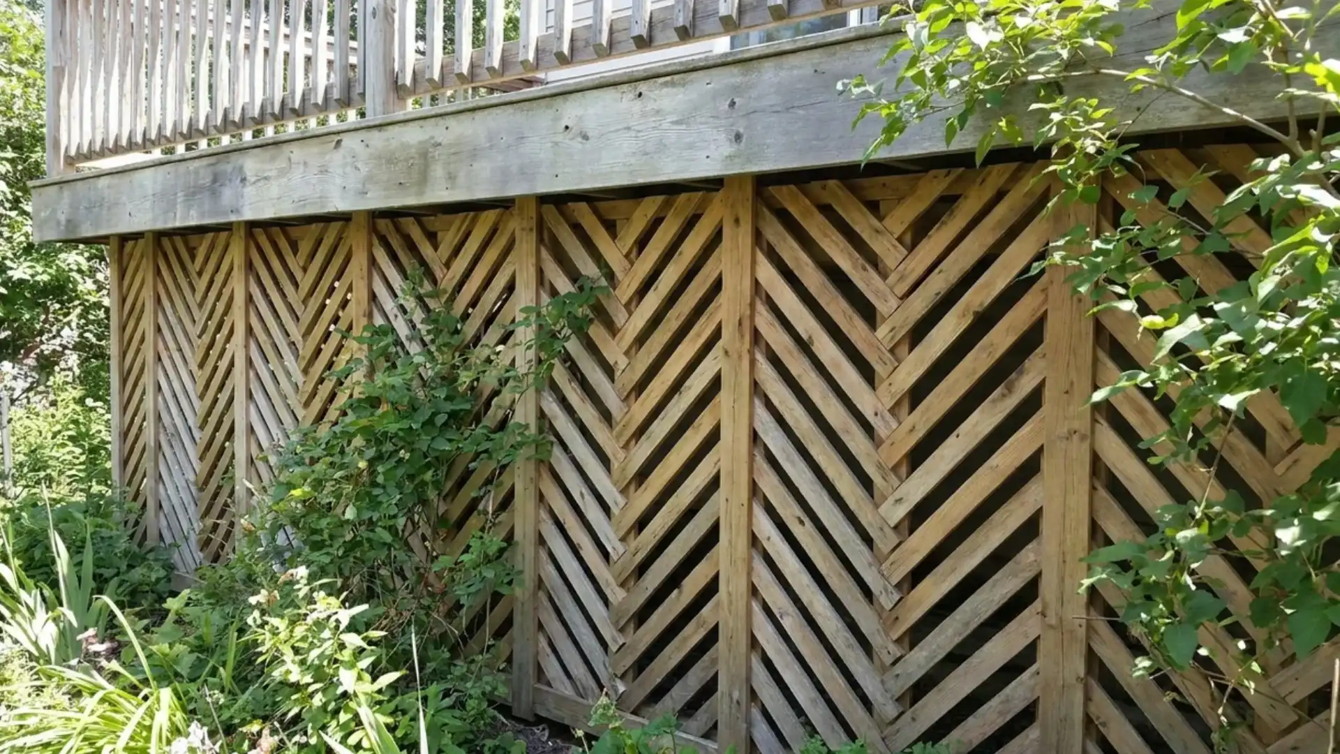 diagonal herringbone wood lattice deck skirting under raised porch with greenery