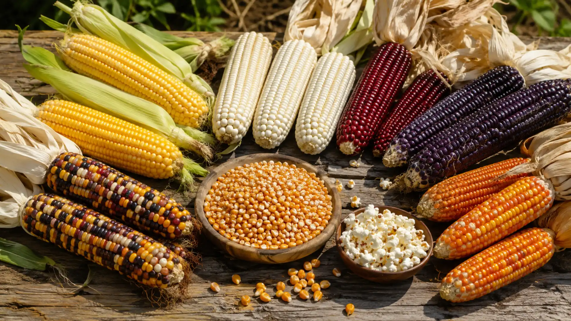 different types of corn including sweet, flint, popcorn, blue, white, and red corn on a wooden table