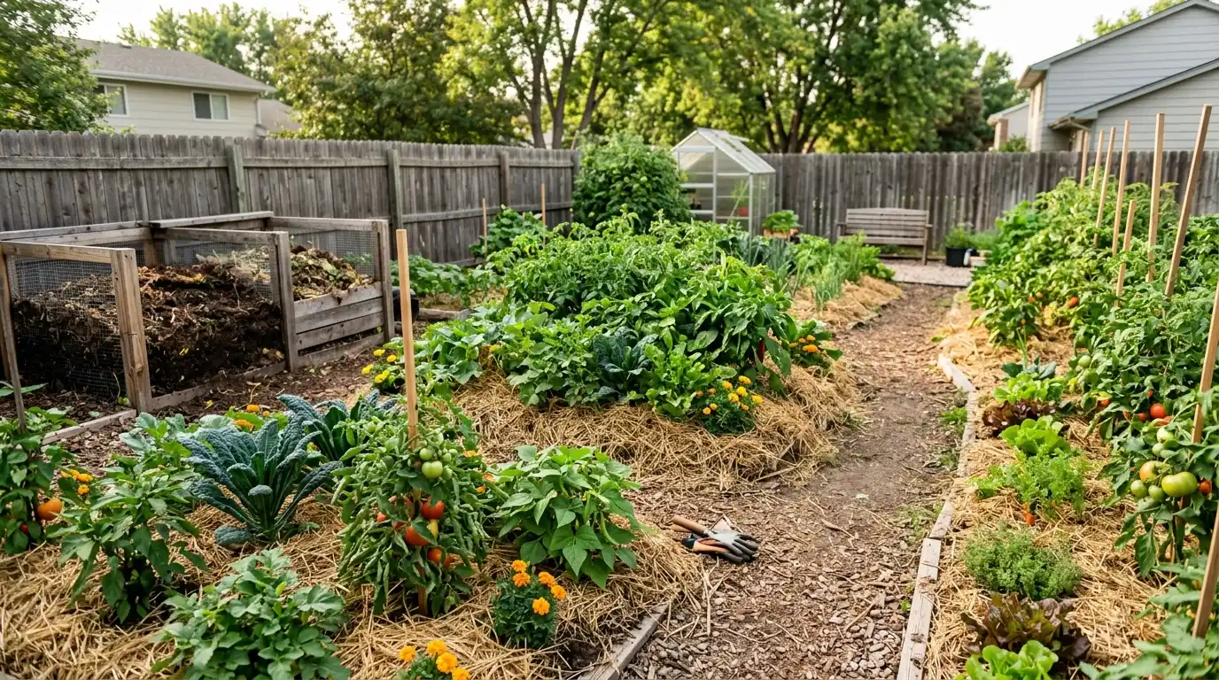 diverse vegetable garden featuring an array of plants and vegetables, highlighting the abundance produce