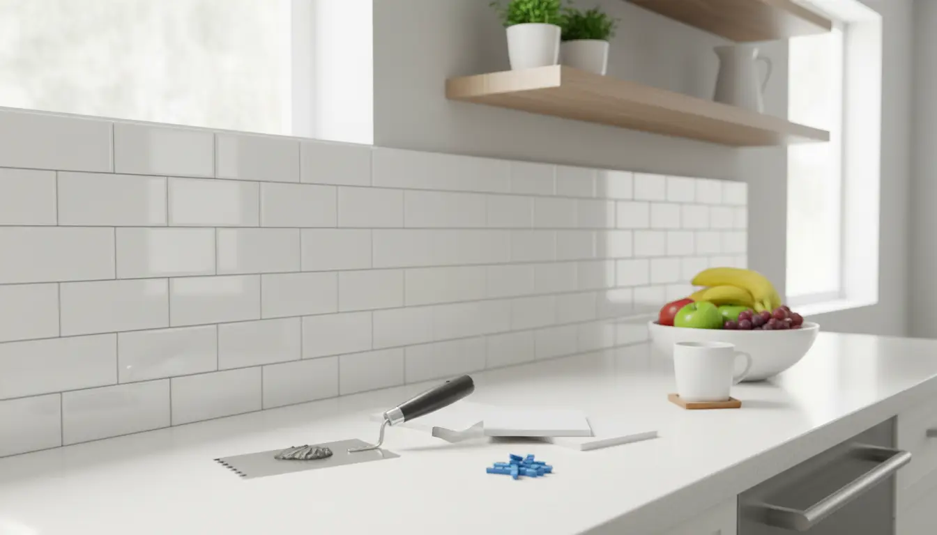 Tiling tools and bowl of fruit on white kitchen countertop with subway tile backsplash