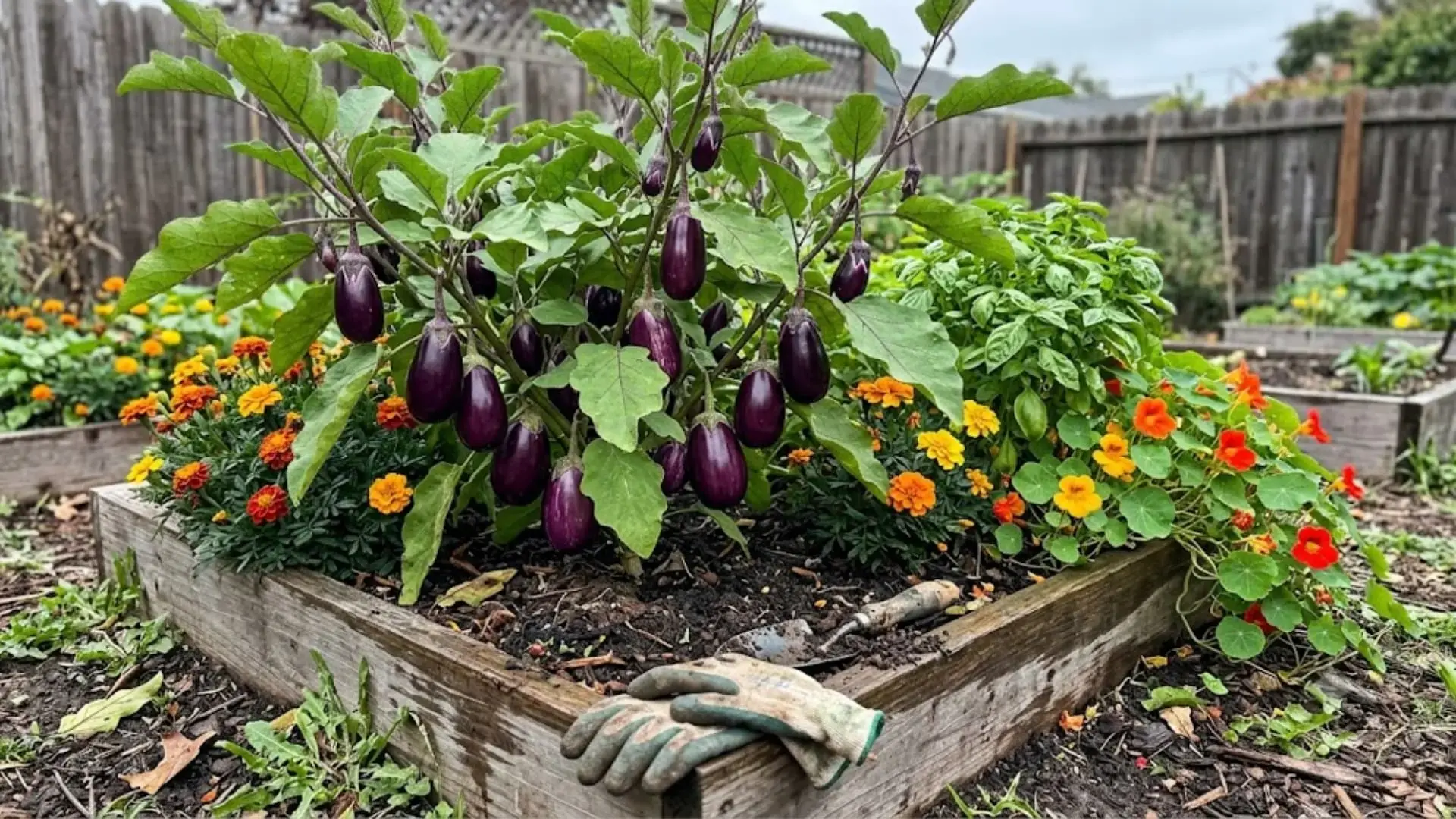 raised garden bed with purple eggplants growing beside marigolds nasturtiums and basil with gloves and trowel