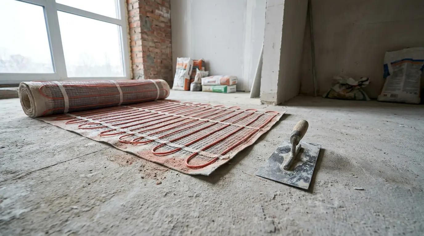 Electric floor heating installation materials on concrete floor in unfinished room