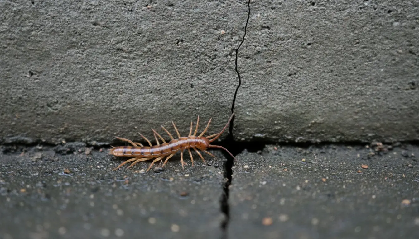 Centipede crawling along cracked concrete surface in dim lighting