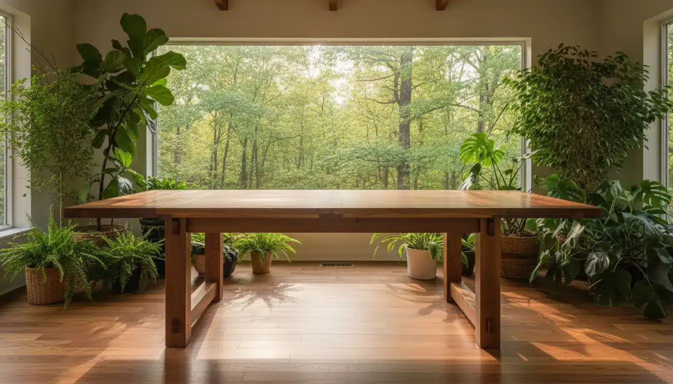 Wooden dining table in bright room with large windows and lush indoor plants