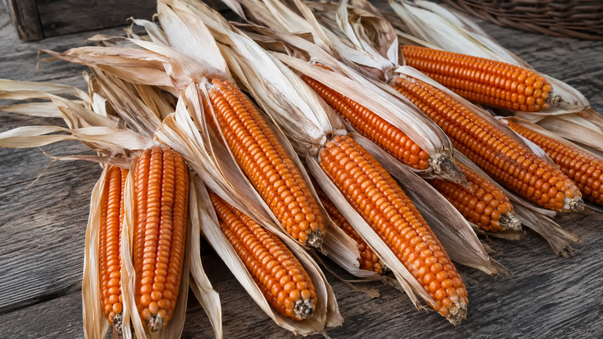 european flint corn with glossy orange kernels displayed beside loose flint corn kernels