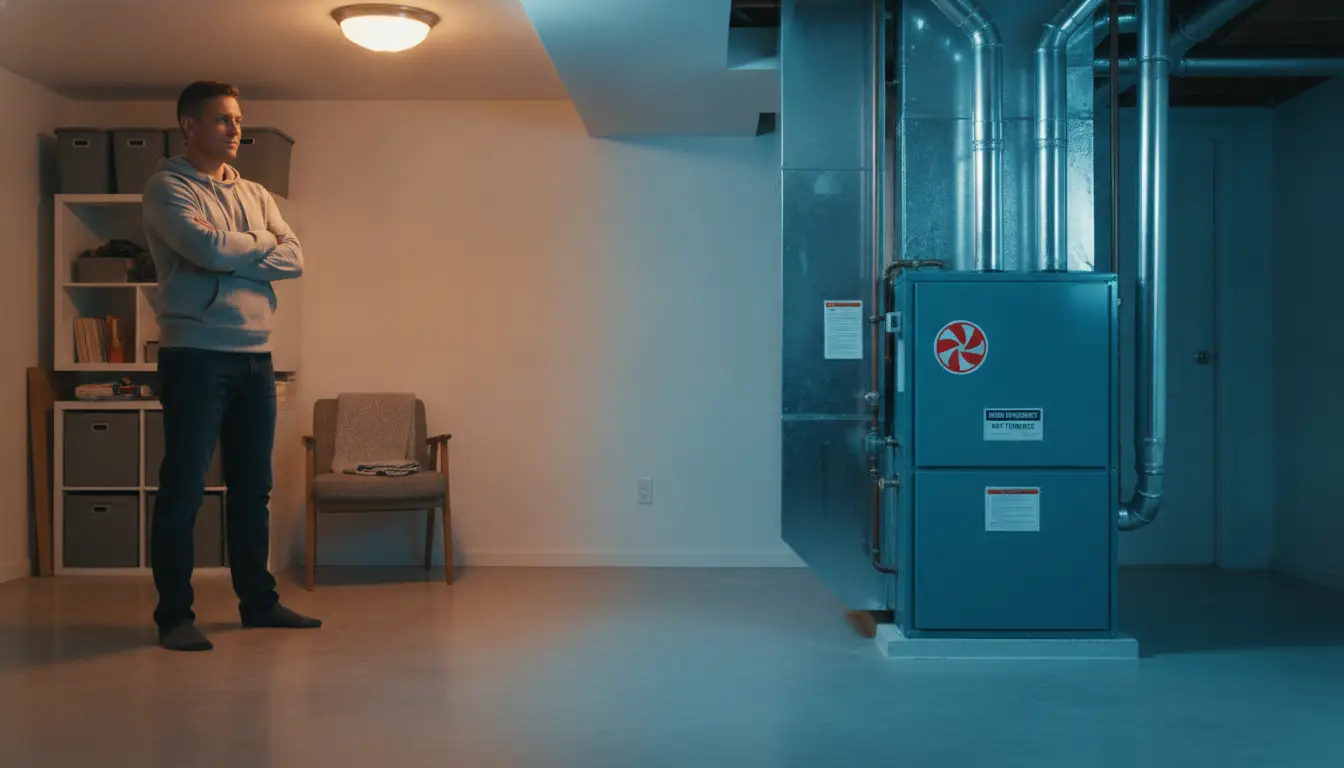 Man standing in basement near large blue furnace with ductwork and storage shelves