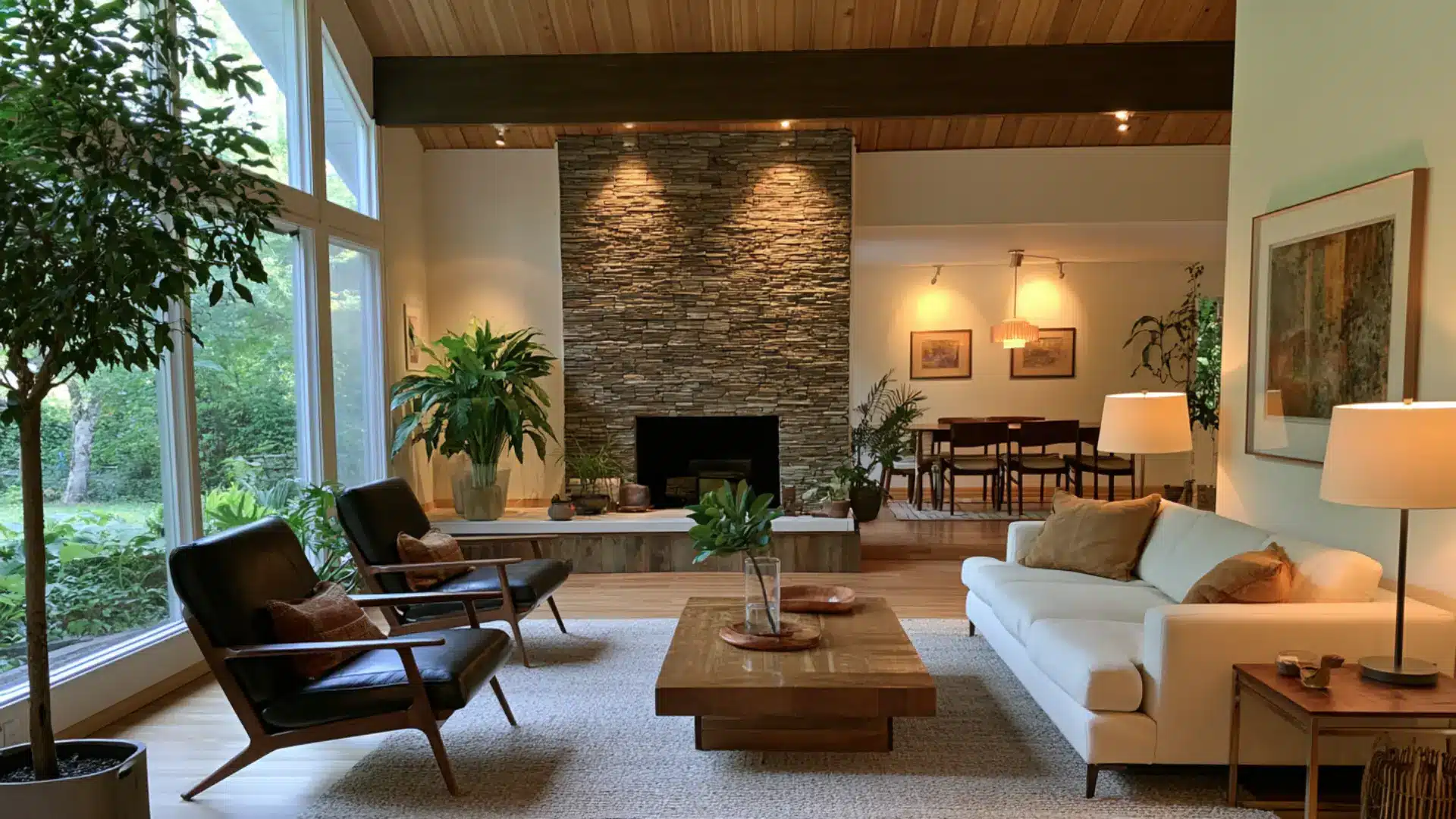 exposed wood ceiling beam dividing living room from dining area below