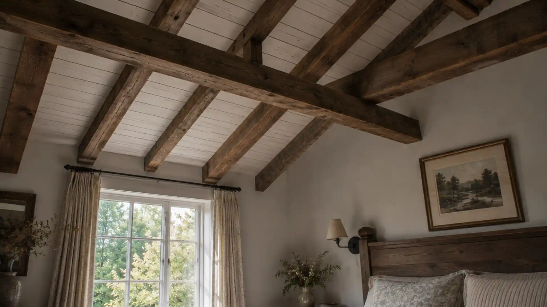 exposed wooden ceiling beams and sloped rafters in cottage bedroom