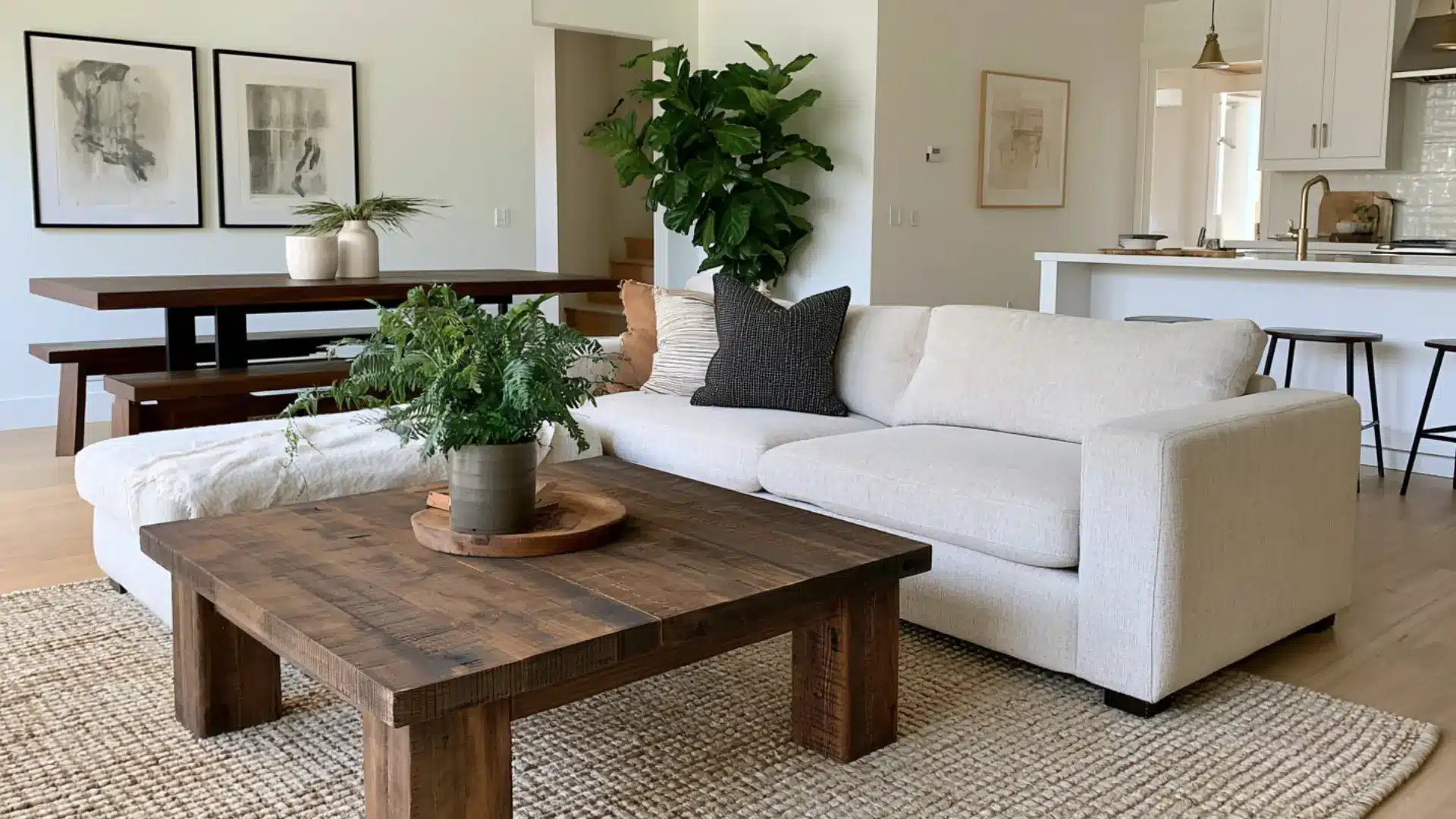 farmhouse living room with dark wood coffee table and light wood dining table