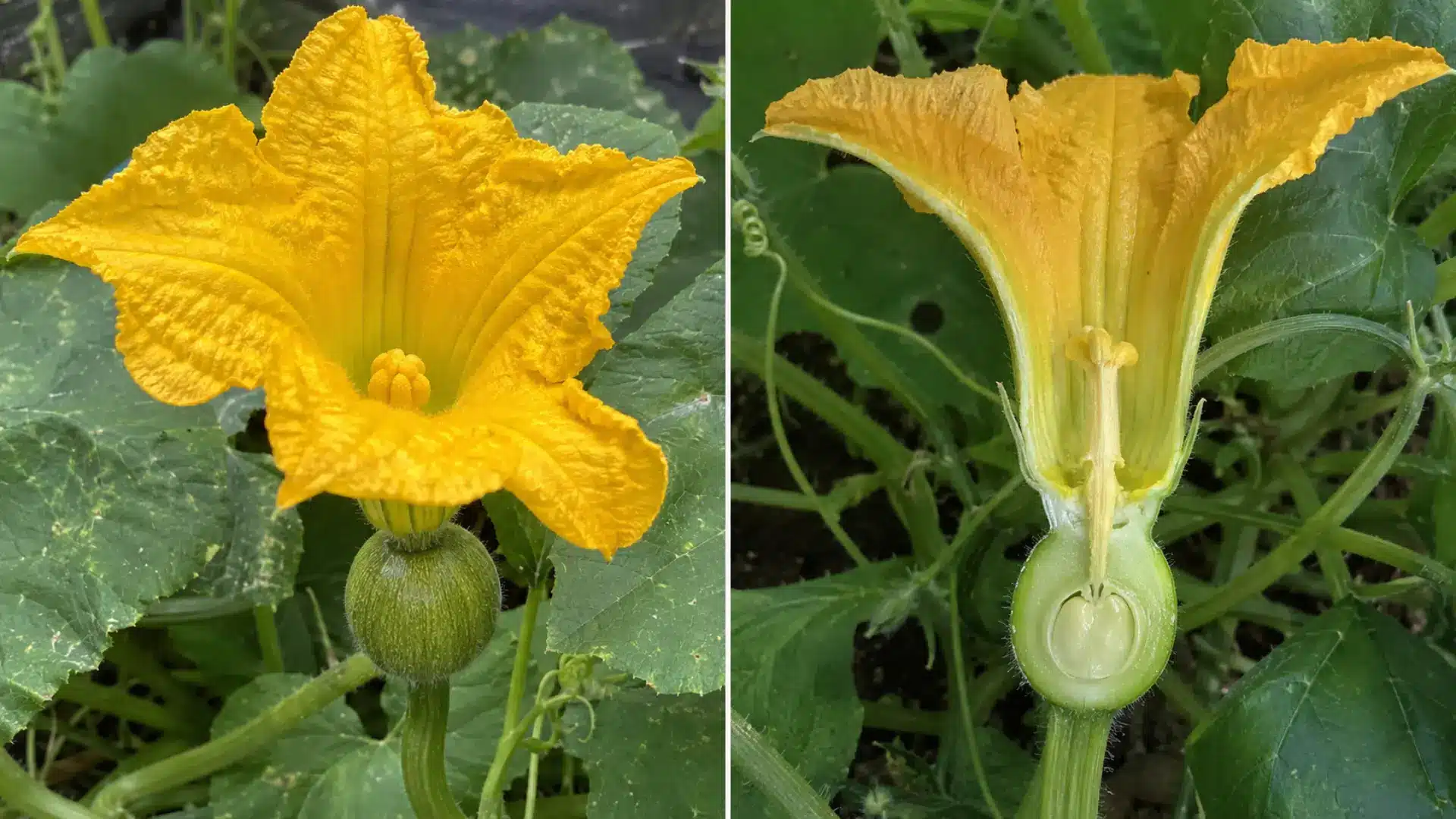 female pumpkin flower shown fully open and dissected to reveal its stigma and young fruit