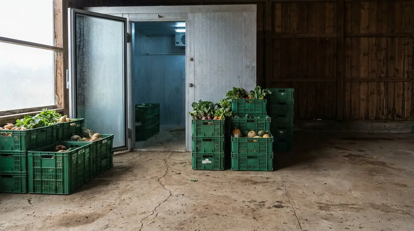 Plastic crates filled with assorted vegetables stacked outside an industrial cold storage room