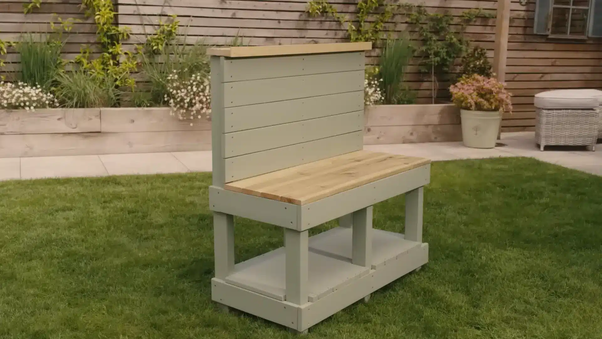 finished sage green mud kitchen frame with wood worktop standing on grass in backyard