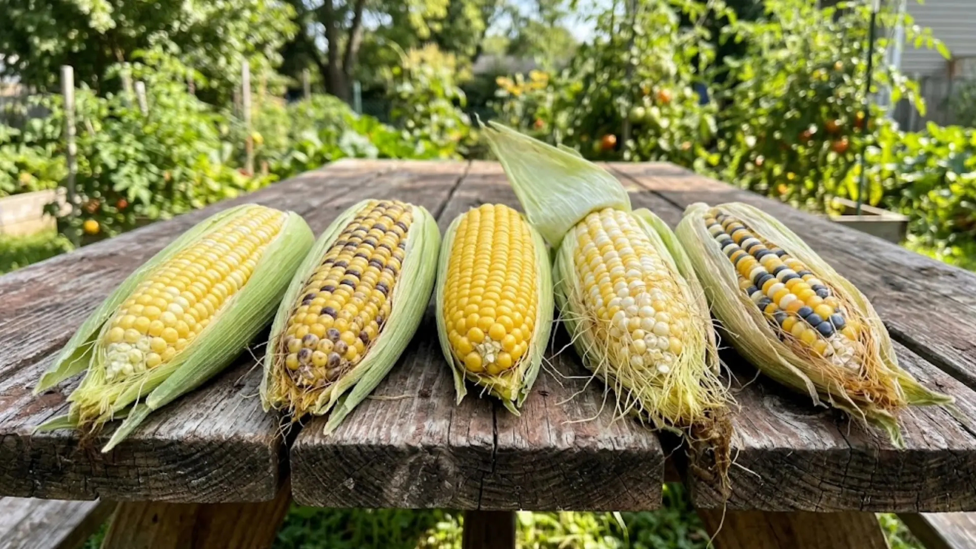 five ears of harvested corn with different colored kernels lined up on a wooden picnic table