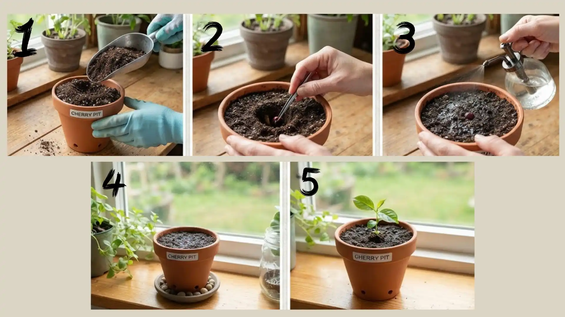 five step collage showing how to plant a cherry seed, water the soil, and grow a healthy seedling