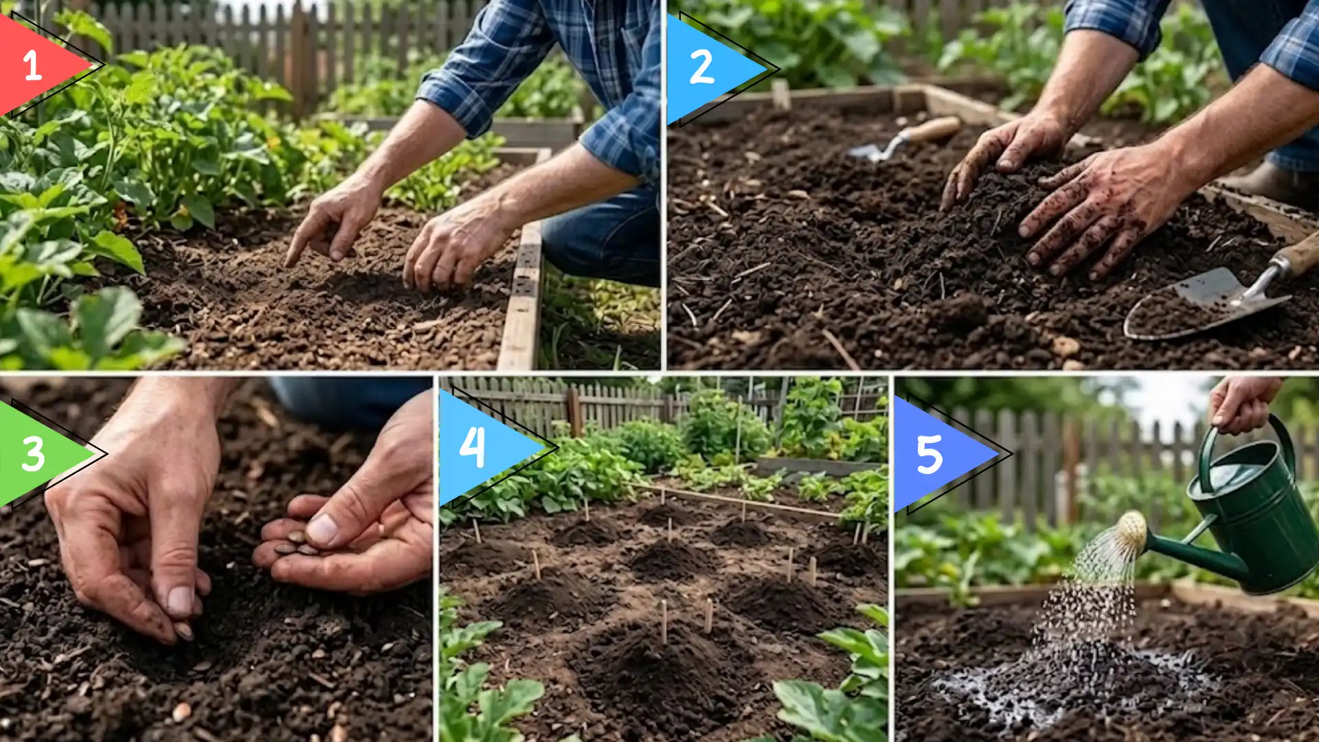 five step collage showing soil preparation, seed planting, spacing, and watering watermelon seeds