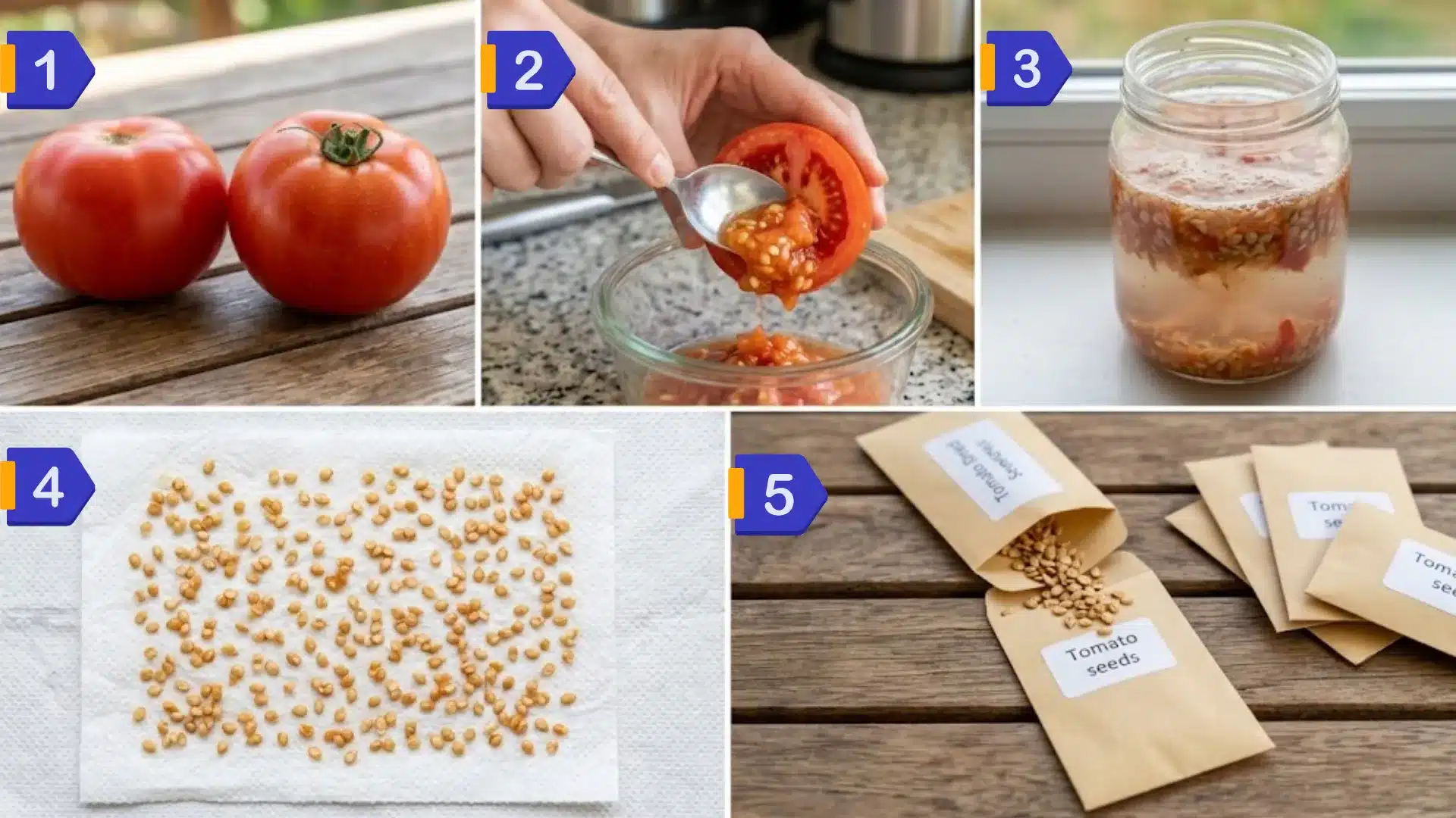 five step tomato seed saving process showing selection, extraction, fermentation, drying, and storage