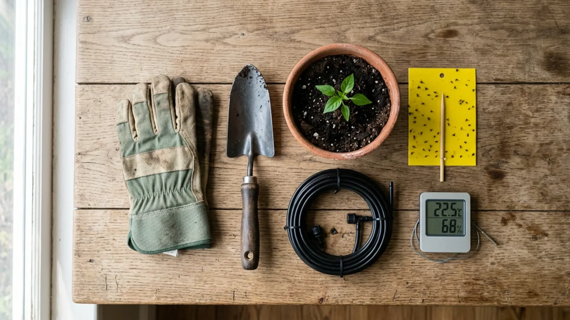 flat lay of gardening gloves trowel potted seedling irrigation tubing and thermometer