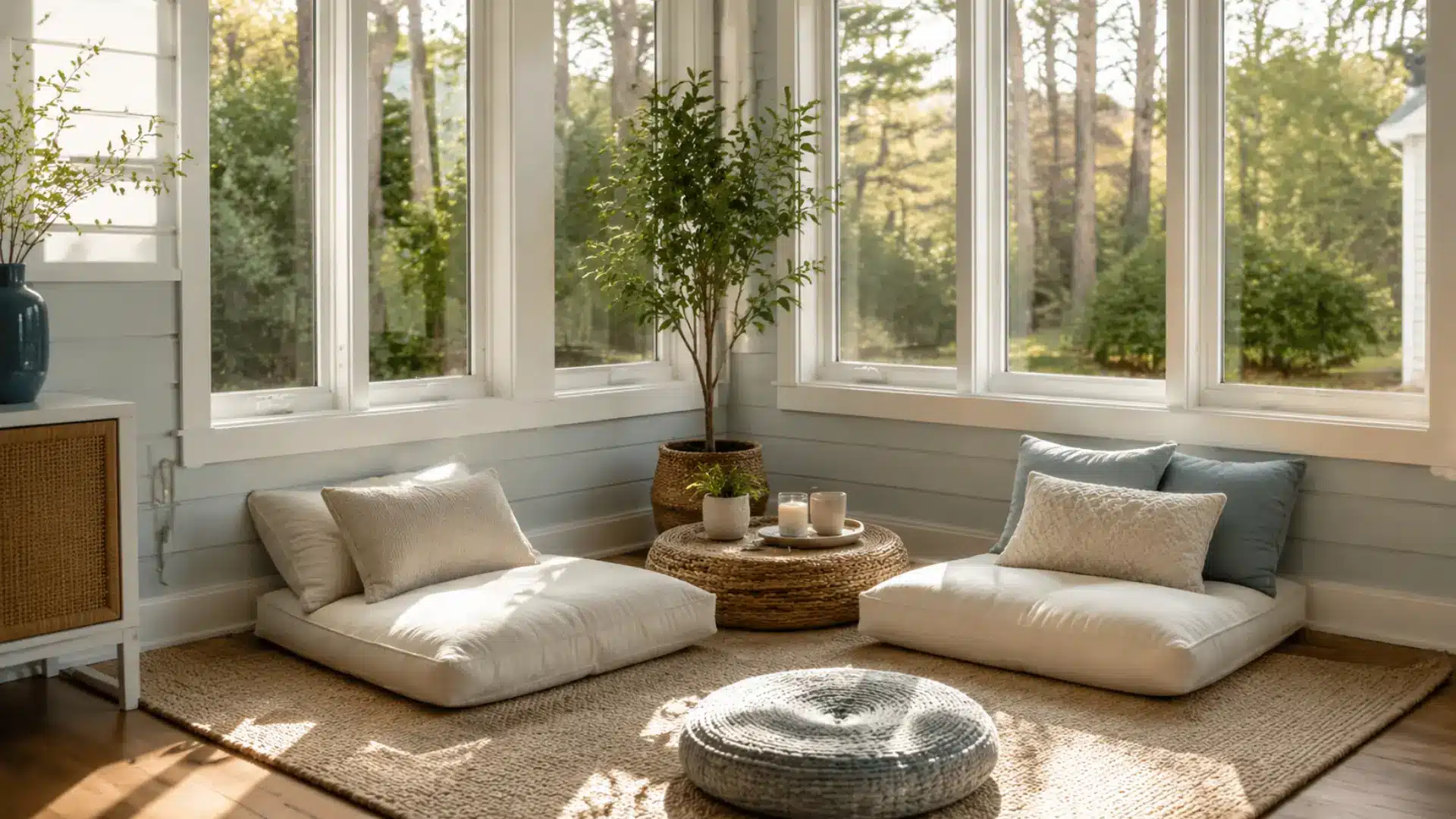 floor cushions and a low table forming a calm meditation corner in a sunroom