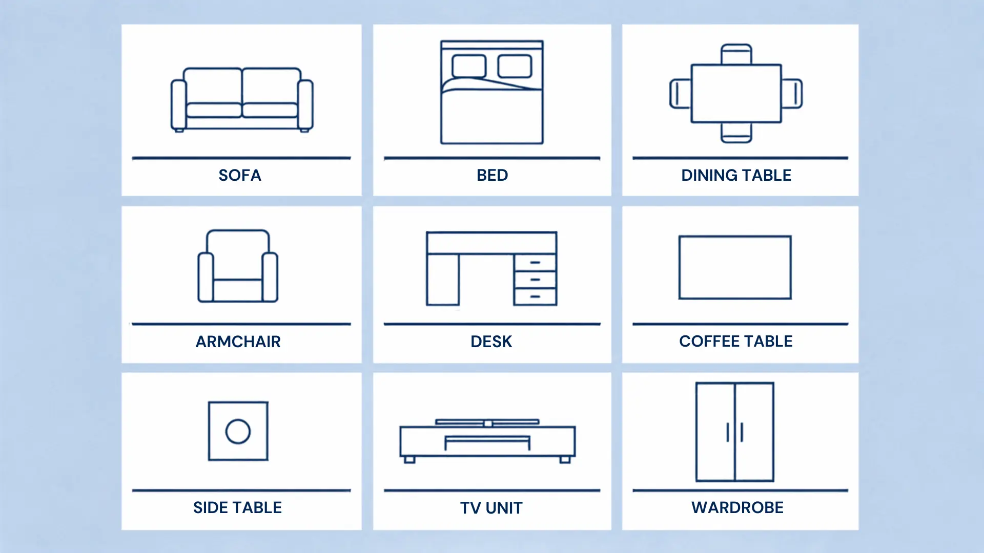 floor plan furniture symbols showing sofa bed dining table desk and wardrobe icons