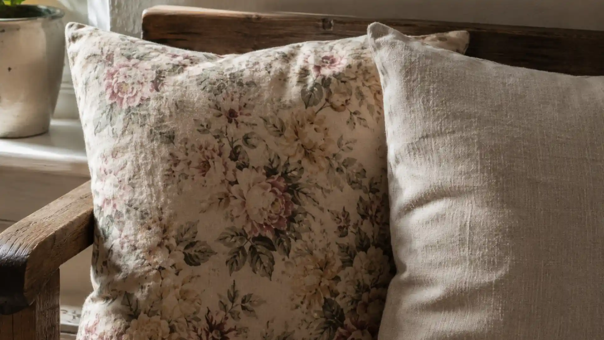 floral chintz pillow paired with plain linen cushion on a wooden bench