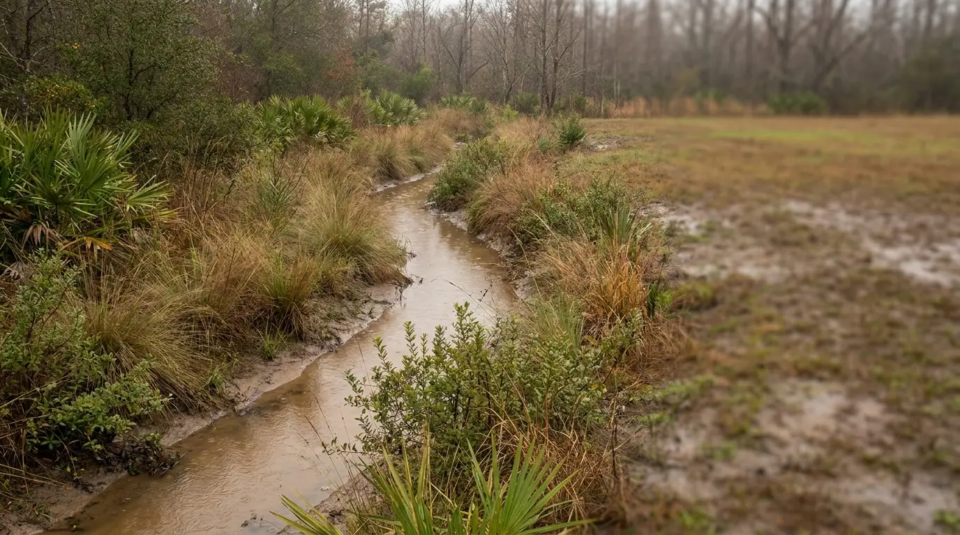 Narrow muddy stream winding through grass and bushes in a foggy field