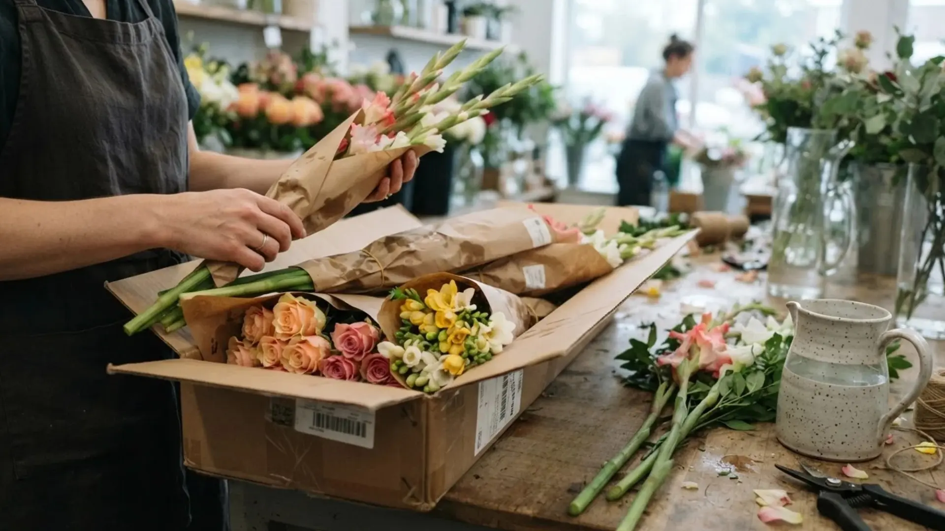 florist unpacking a delivery box of gladiolus roses and freesia wrapped in paper