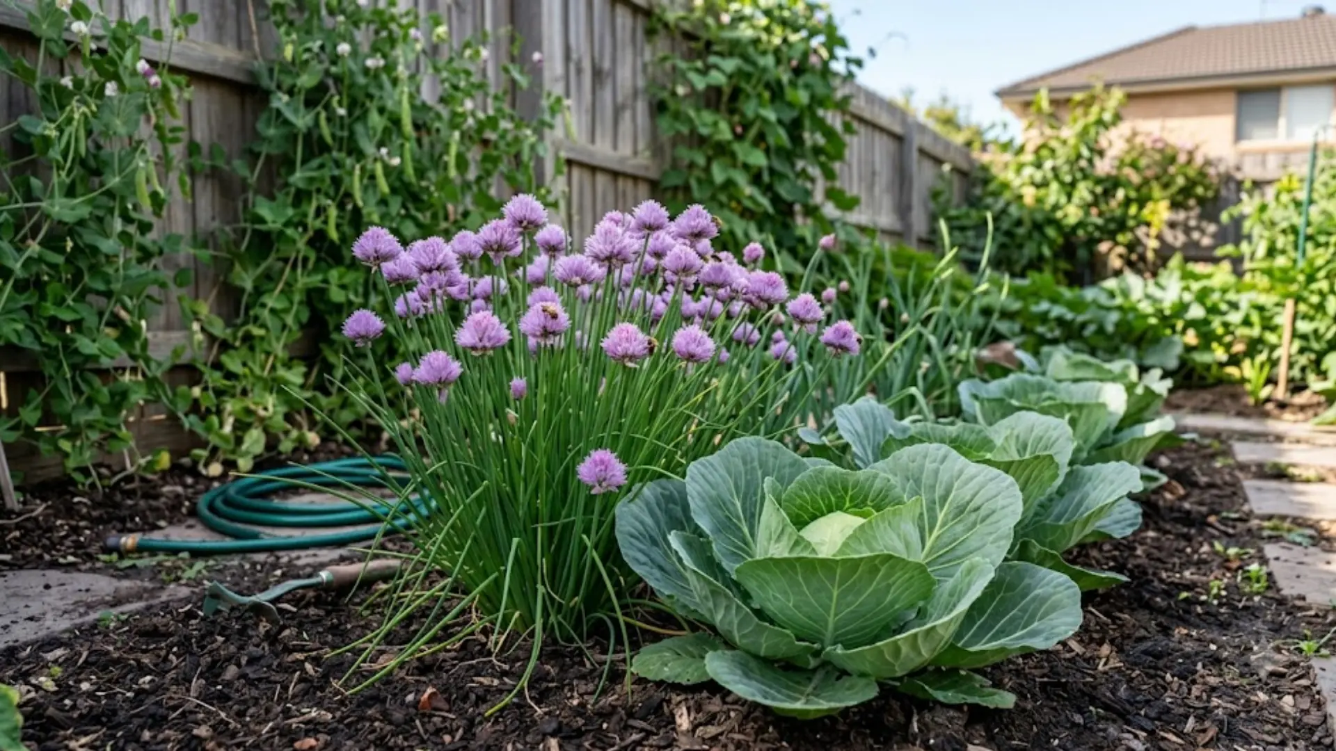 flowering chives growing alongside cabbage in a thriving backyard vegetable garden bed