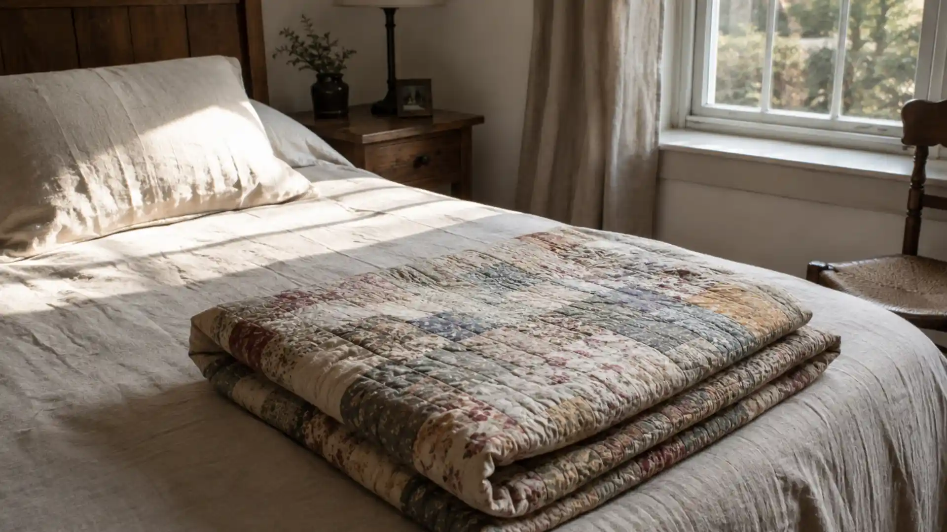 folded heirloom patchwork quilt with faded stitching at the foot of a bed