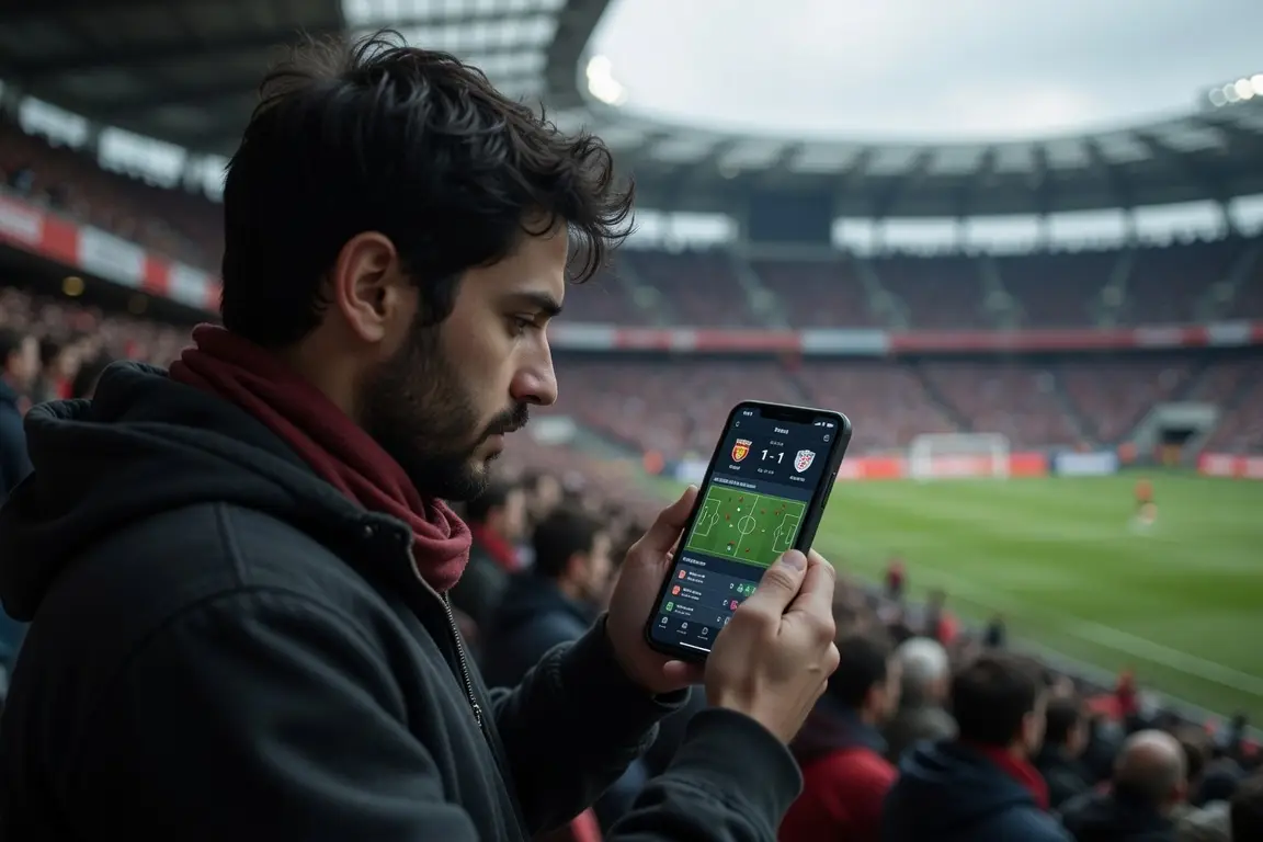Man checking live soccer scores on smartphone in crowded stadium with overcast sky
