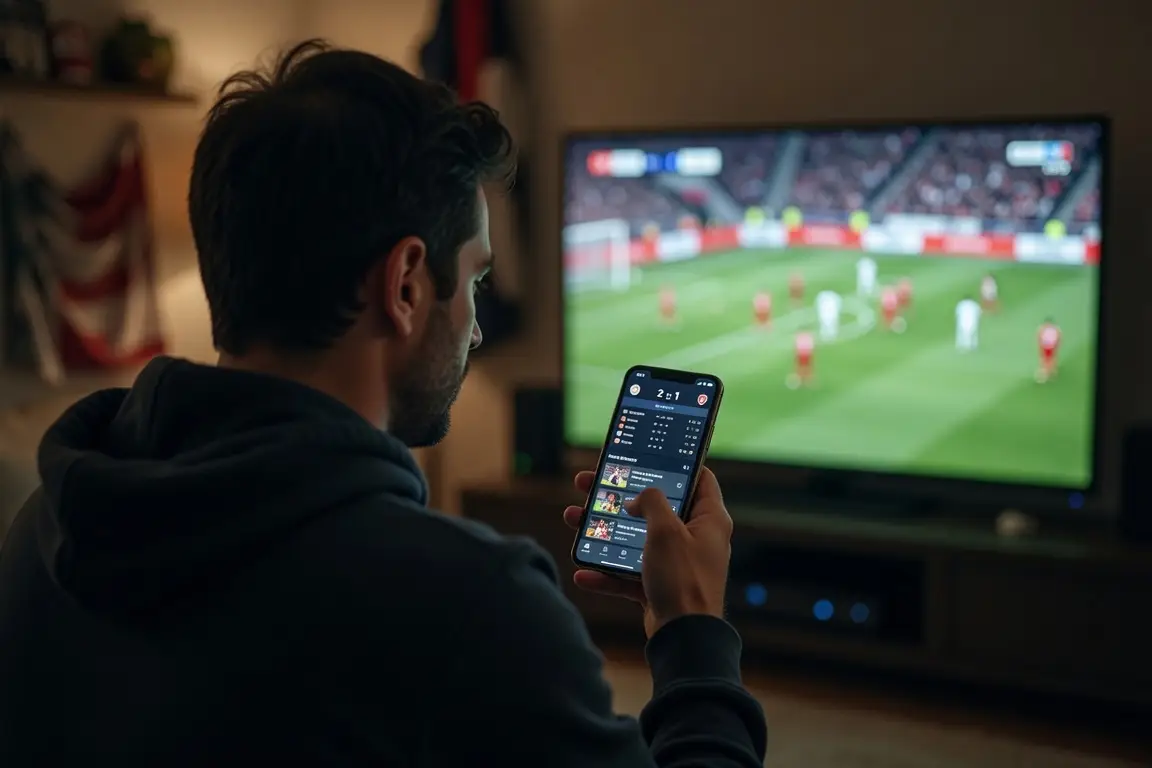 Man in dark hoodie checking scores on smartphone while watching soccer match on TV