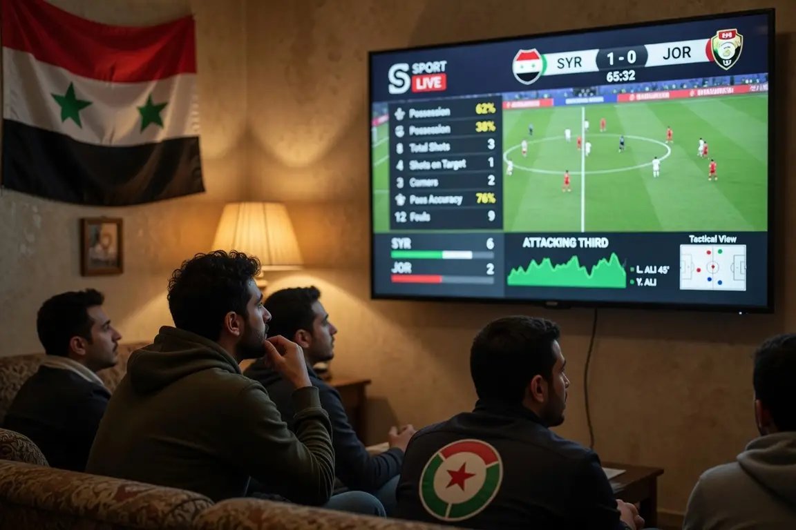 Men watching a soccer match on TV in a dimly lit living room with Syrian flag on wall