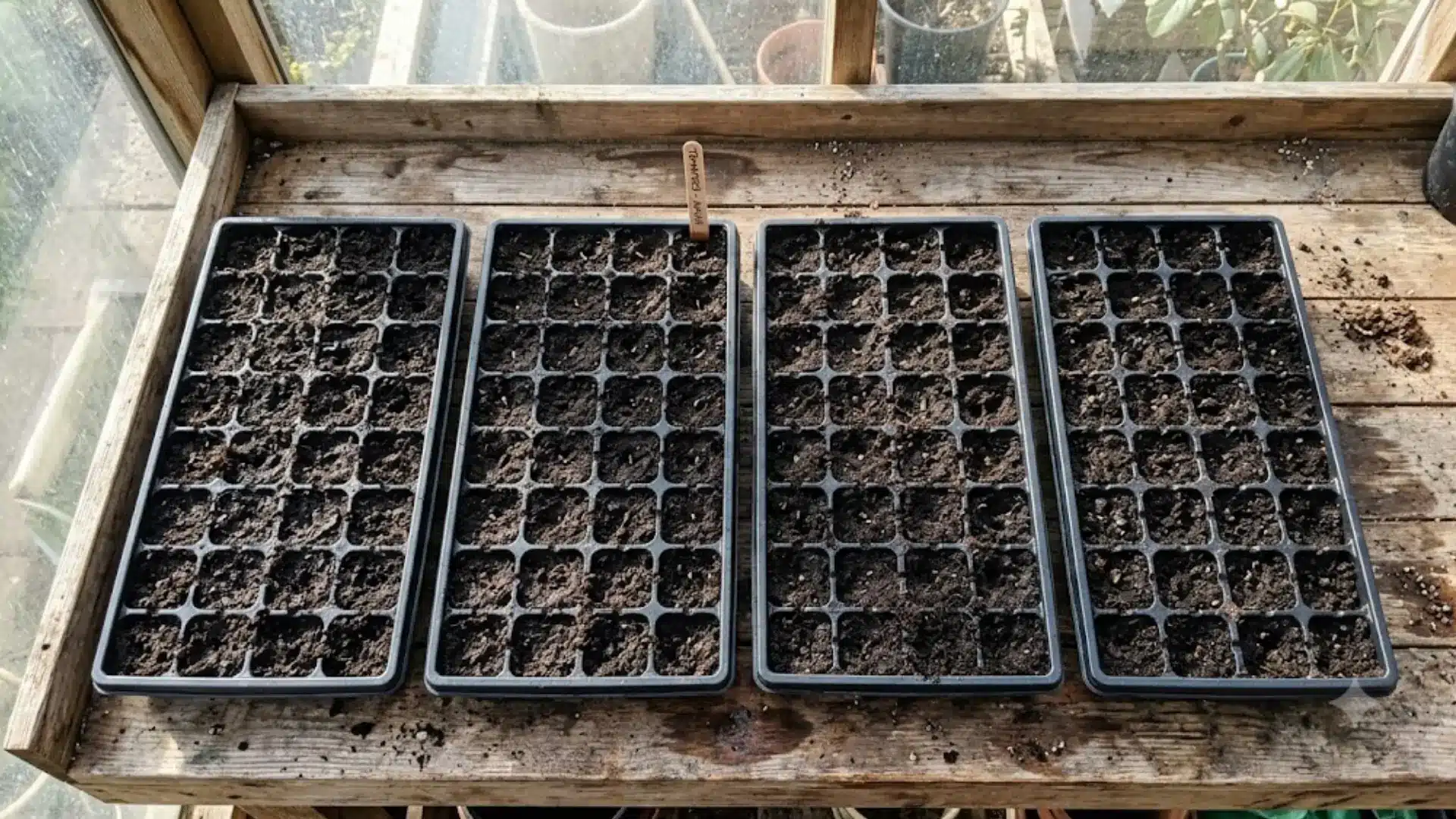 four black seed trays filled with dark soil ready for planting on a wooden greenhouse bench