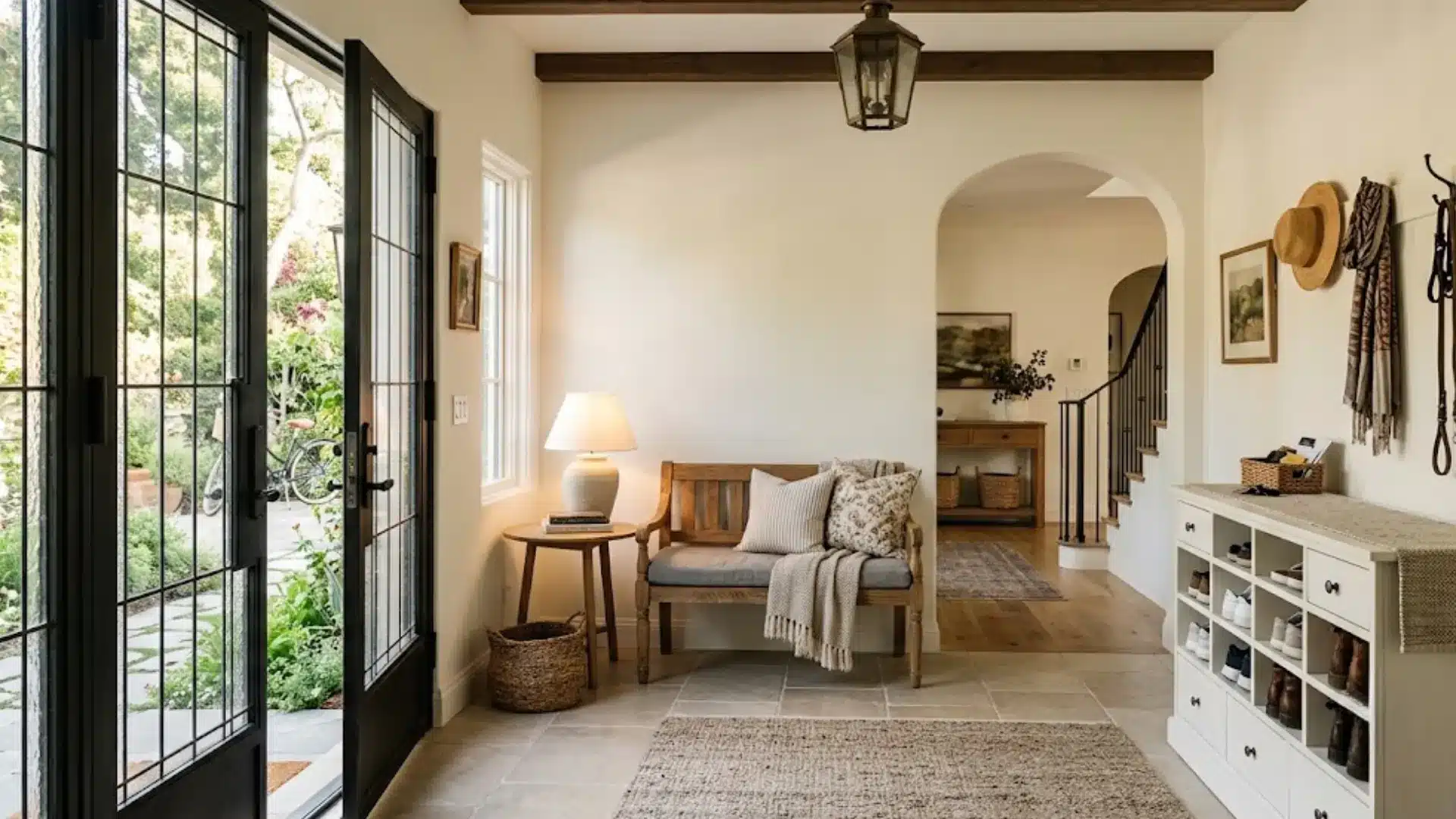 foyer with glass doors, storage bench, shoe cabinet, wall hooks, rug, and warm entryway lighting