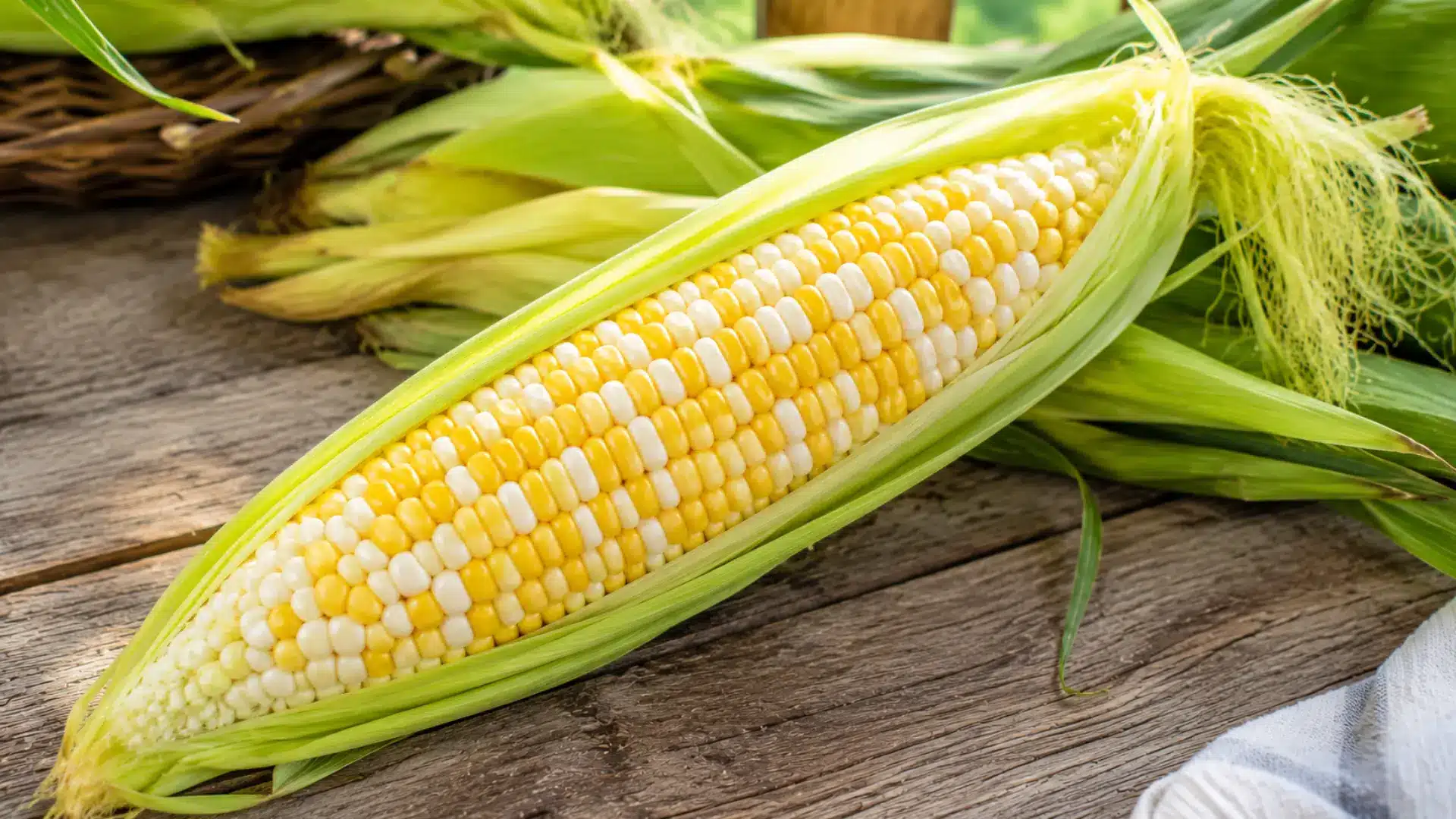 fresh bi-color corn with white and yellow kernels resting on a rustic wooden surface