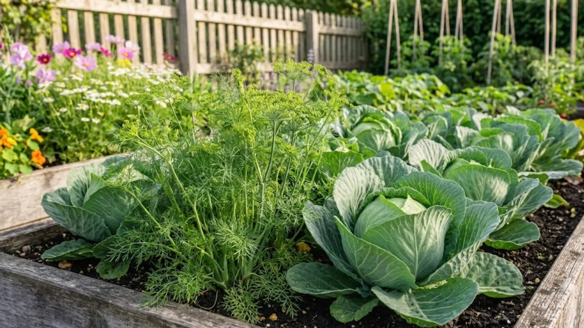 fresh dill growing next to healthy cabbage plants in a thriving backyard vegetable garden