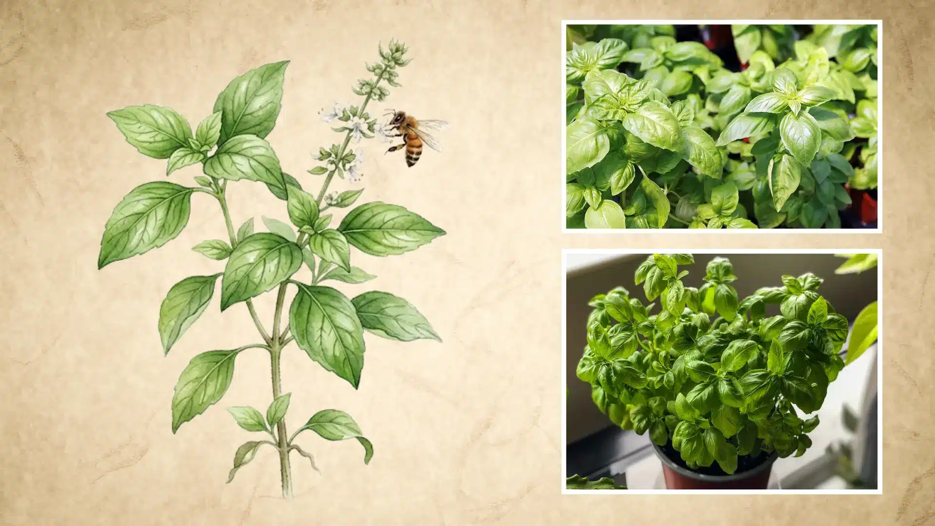 fresh green basil leaves growing in a pot with a bee visiting a hand drawn basil sprig