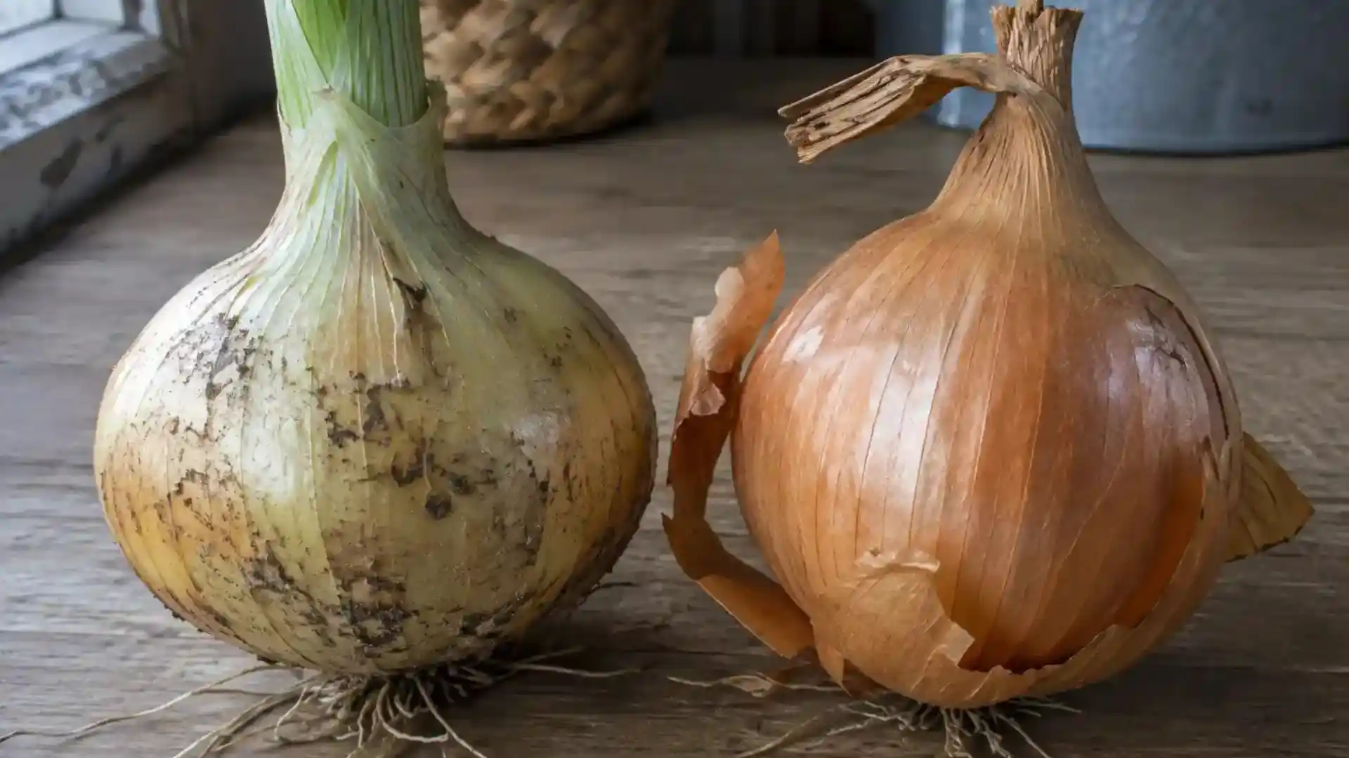 fresh onion beside a fully cured onion with papery skin