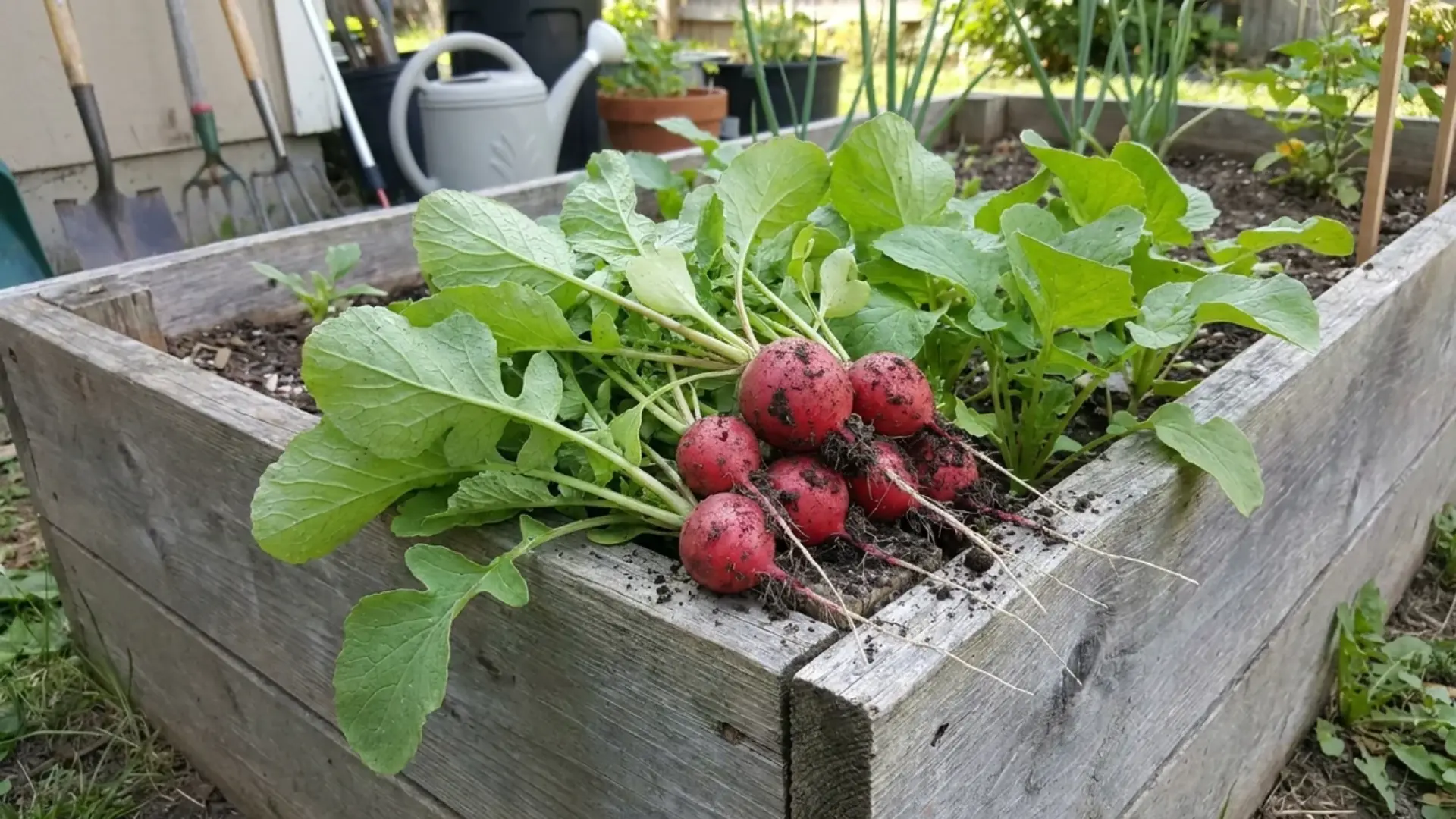 Fresh radishes with green leafy tops in a backyard garden bed