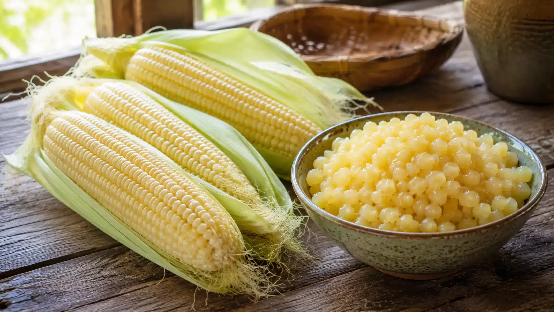 fresh waxy corn ears beside cooked waxy corn kernels arranged on a rustic wooden tabletop