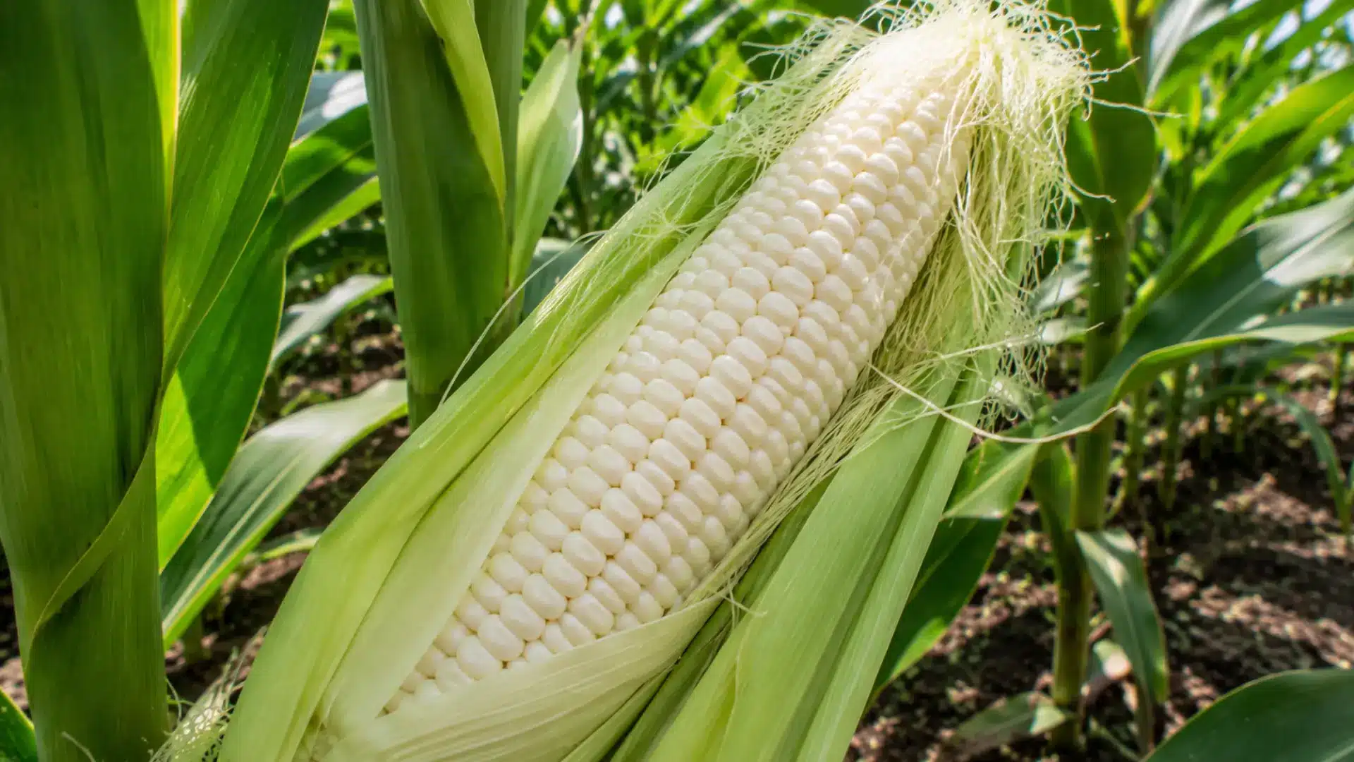 fresh white corn with creamy kernels and green husks partially peeled back in natural daylight