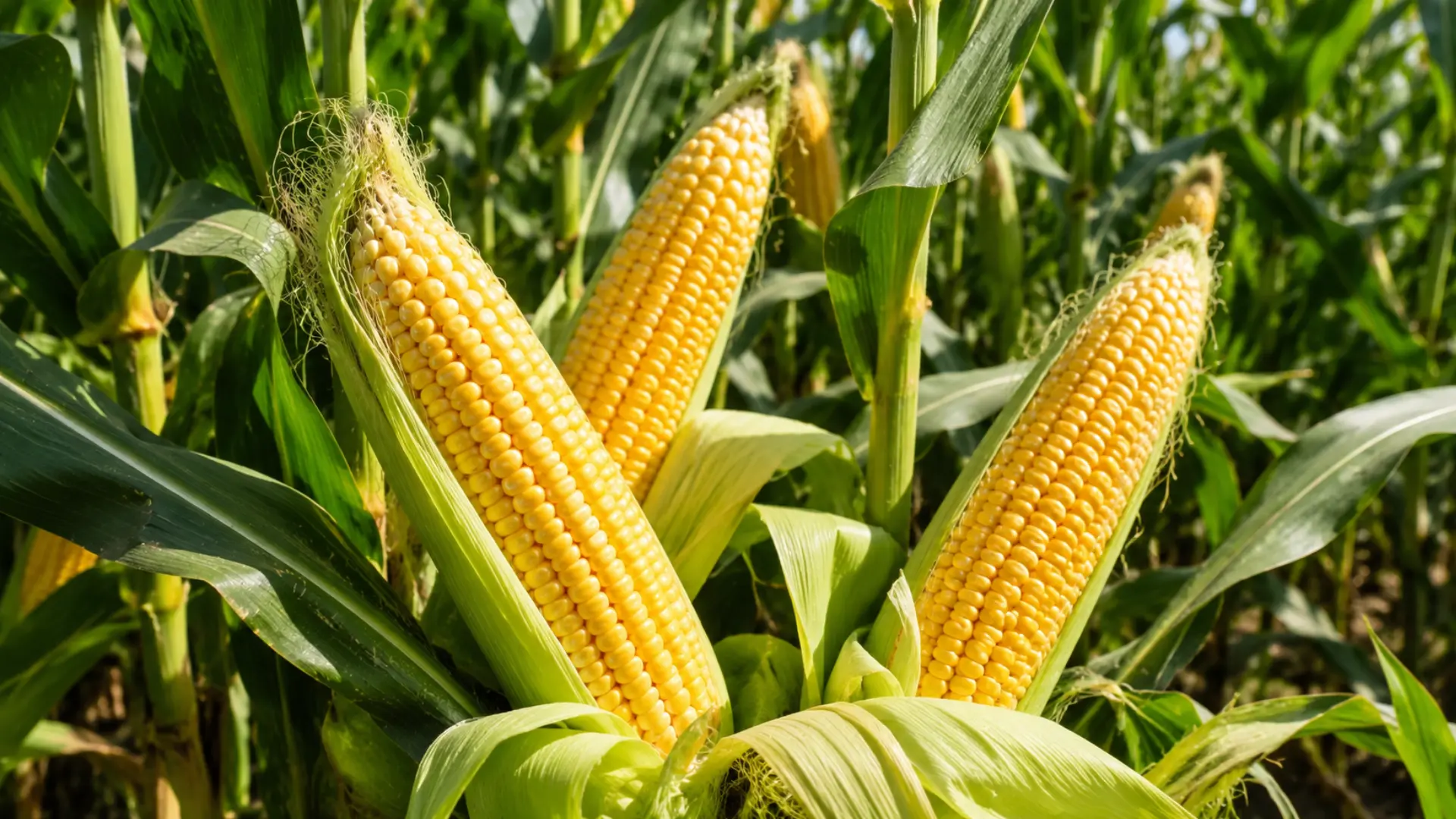 fresh yellow sweet corn with partially peeled green husks growing in a healthy garden under sunlight