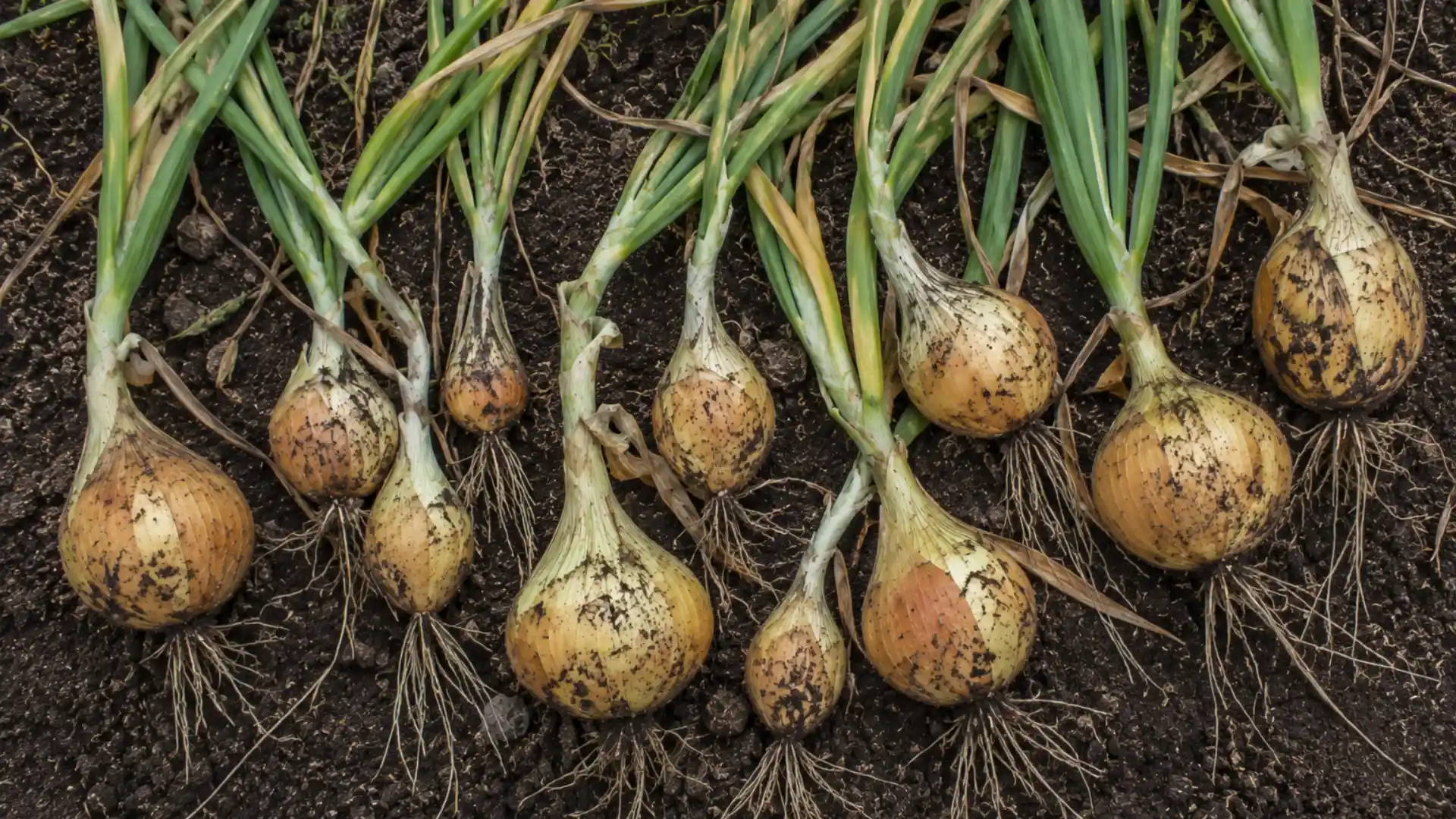 freshly harvested onions of different sizes on garden soil