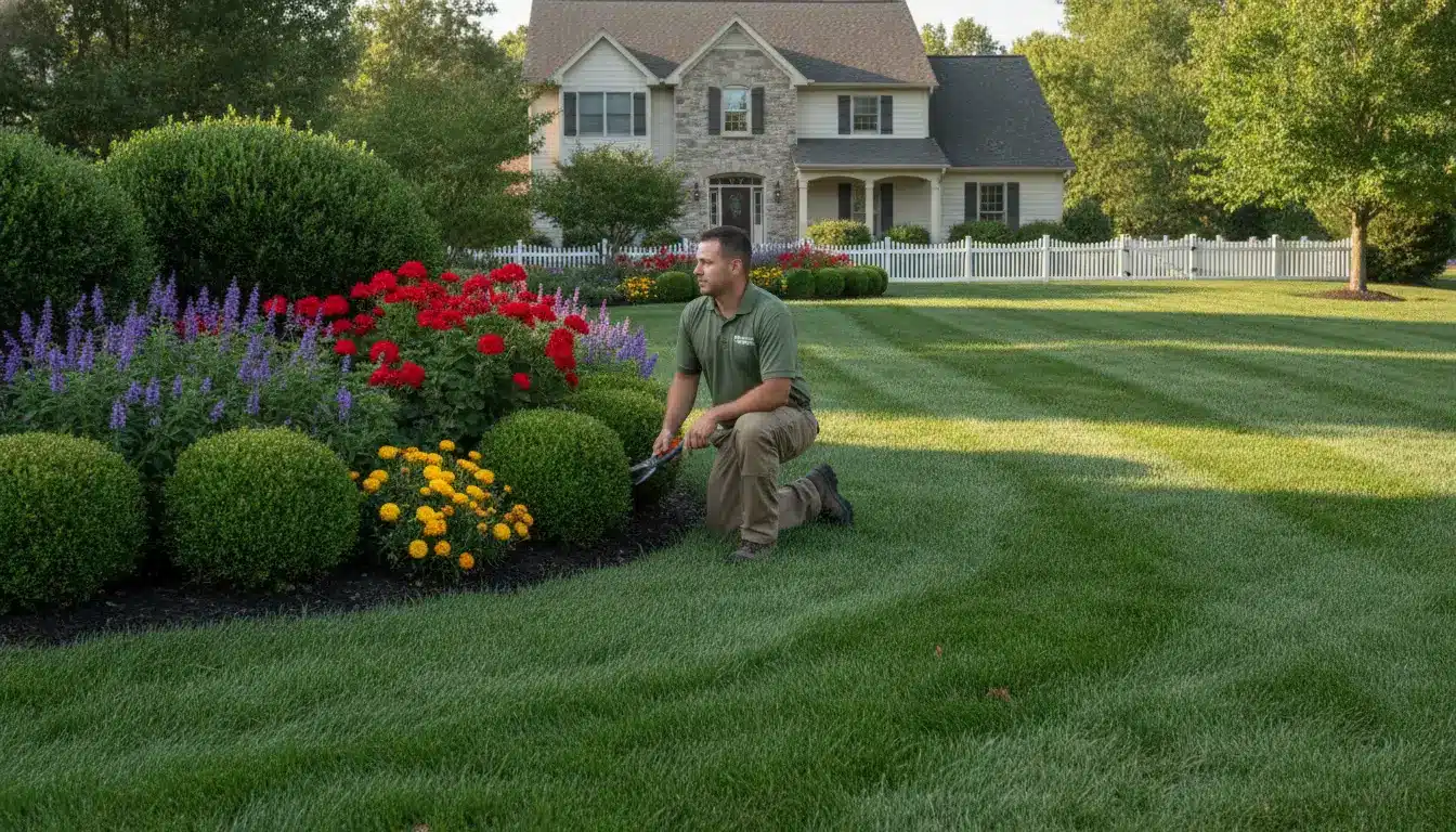 Gardener trimming bushes in landscaped yard with colorful flowers and stone house in background