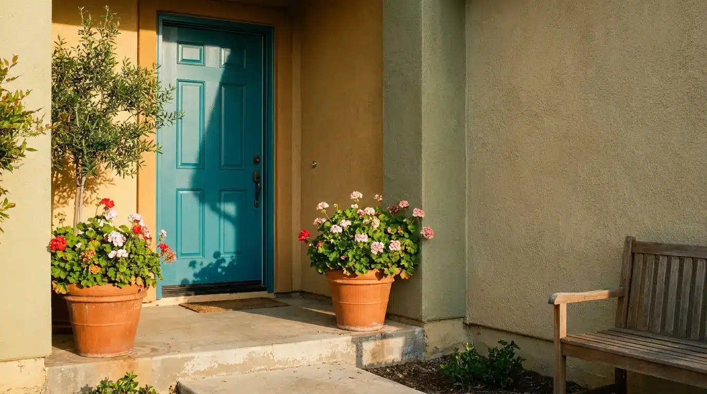Turquoise front door with potted geraniums and wooden bench in the afternoon sunlight