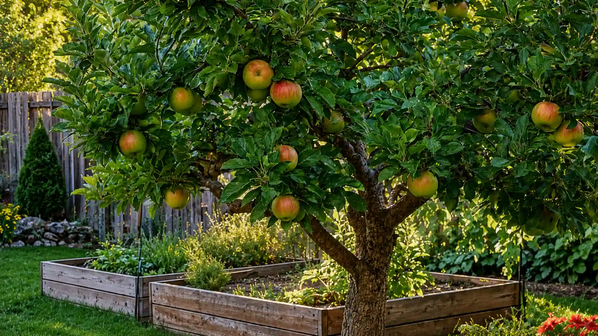 full healthy apple tree with ripening fruit in a home garden