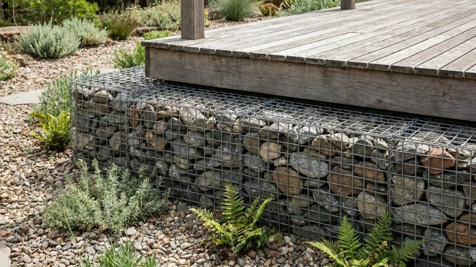 gabion wire cage river rock deck skirting under wooden porch with ferns