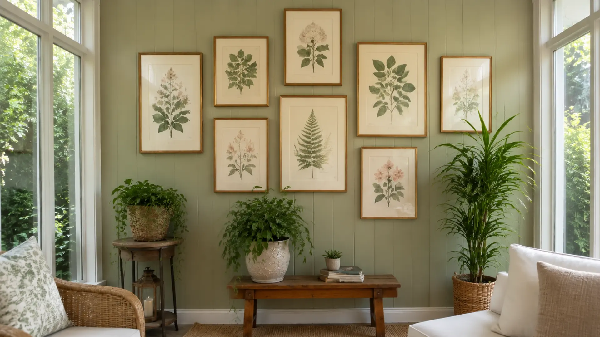 gallery wall of framed botanical prints above a bench in a sage green sunroom