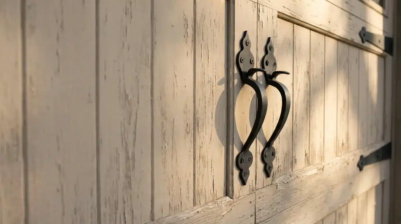 Rustic wooden door with ornate black metal handles in soft afternoon light